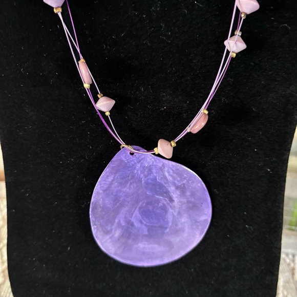 Layered pendant purple round base necklace with wood beads. 18” - Picture 2 of 4